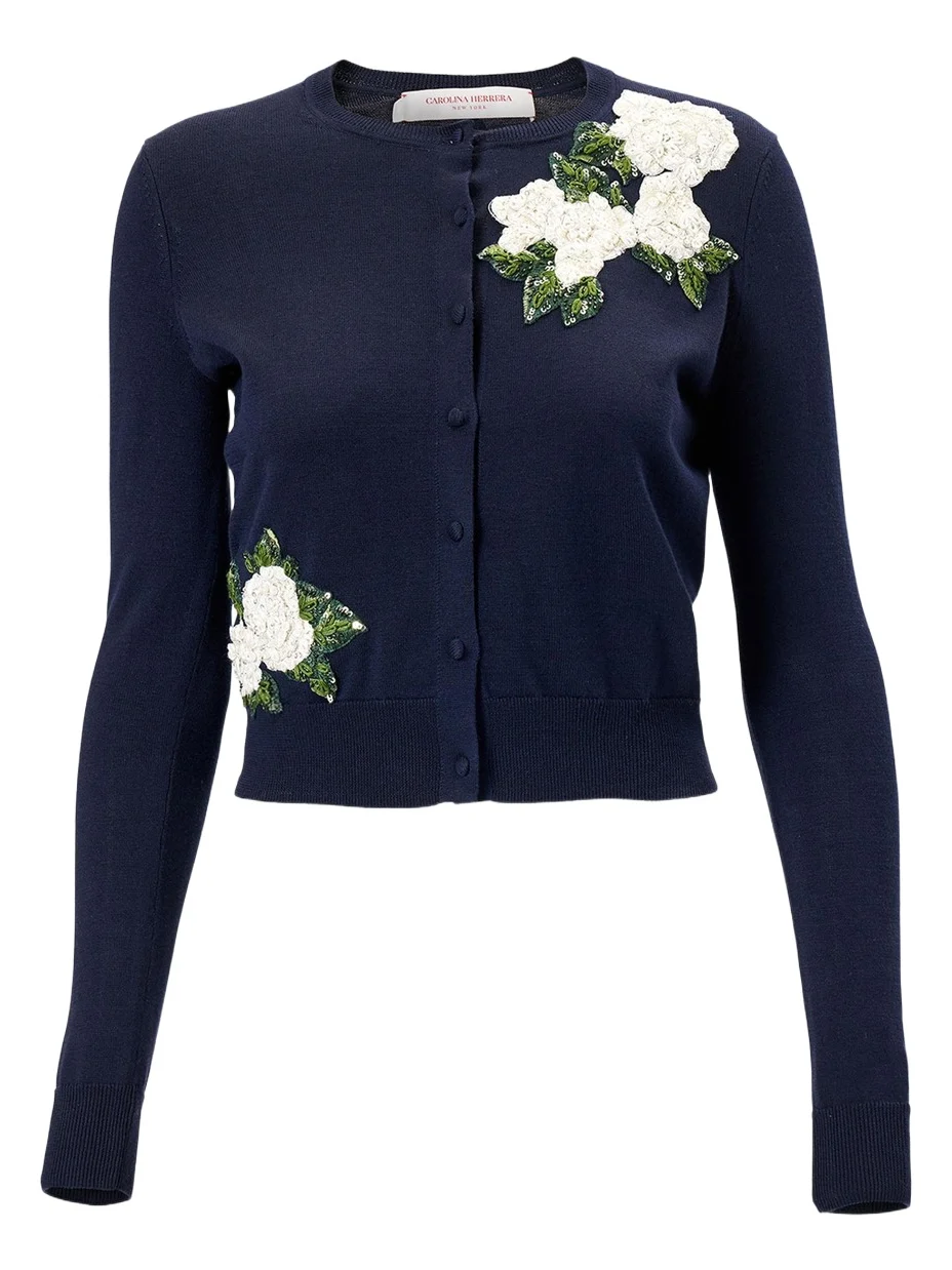 Sequined Floral Embroidered Crewneck Cardigan