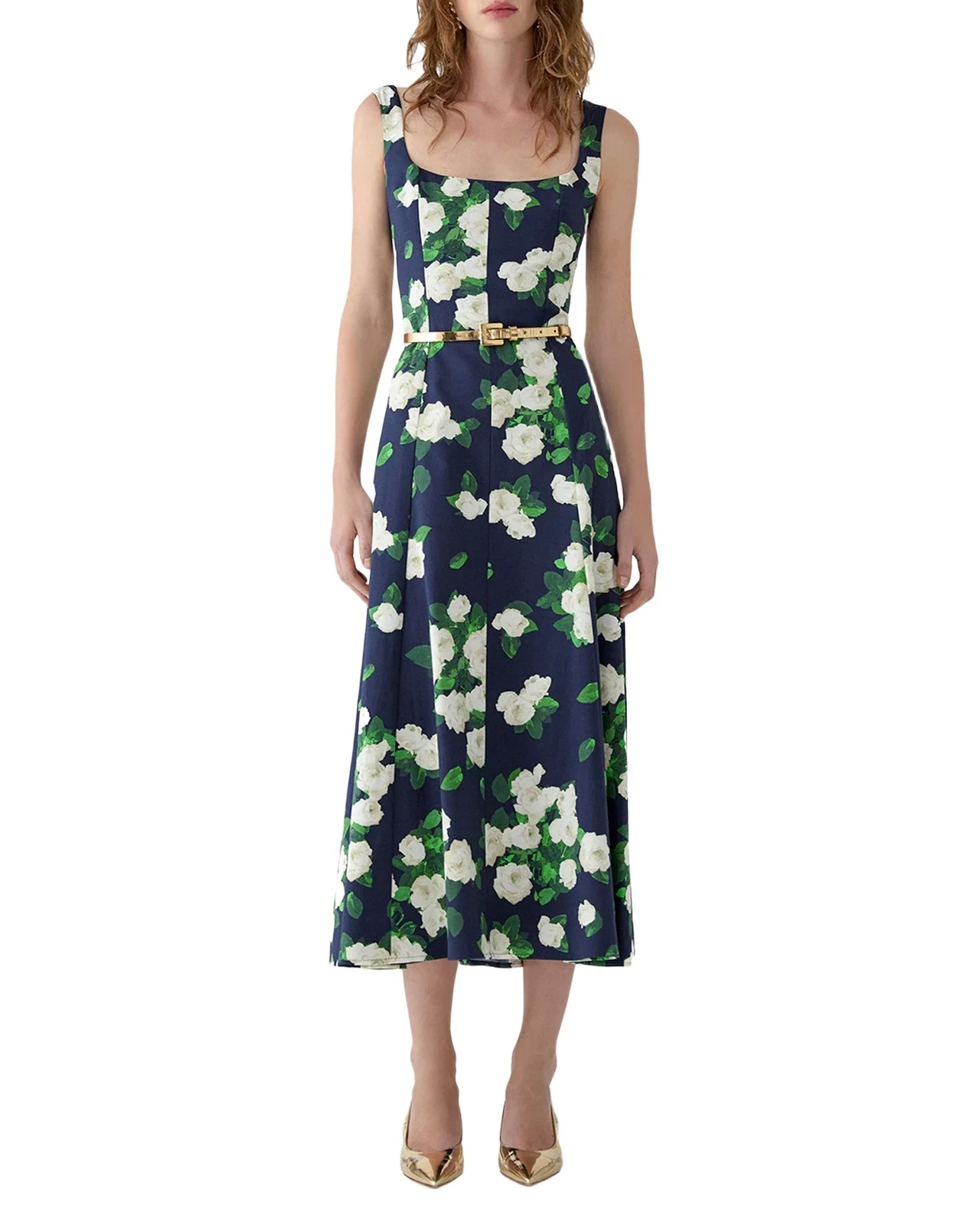 Sleeveless Square-Neck Rose-Print Paneled Midi Dress Sleeveless Square-Neck Rose-Print Paneled Midi Dress