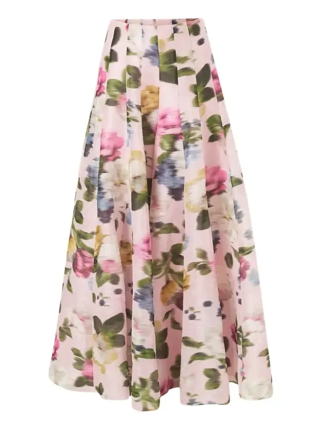 Iris Floral Silk-Linen Faille Wide-Leg Skirt Pants
