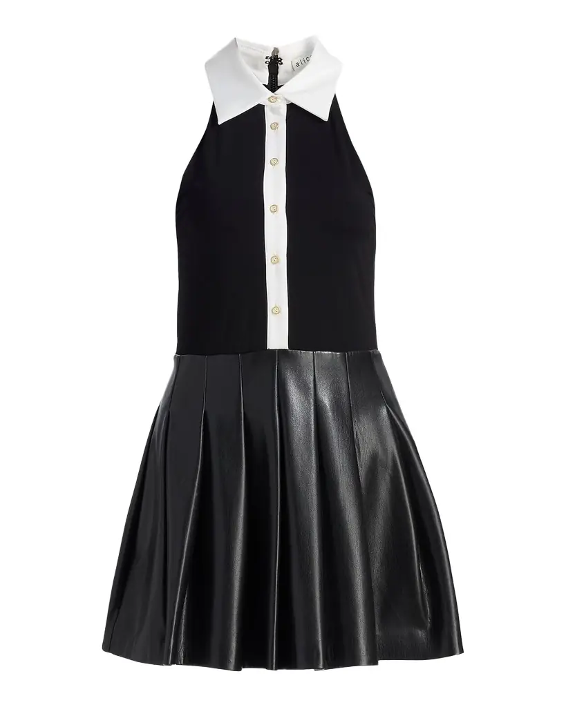 ALICE + OLIVIA Tate Vegan Leather Sleeveless Polo Mini Shirtdress | Image 1 ALICE + OLIVIA Tate Vegan Leather Sleeveless Polo Mini Shirtdress | Image 1