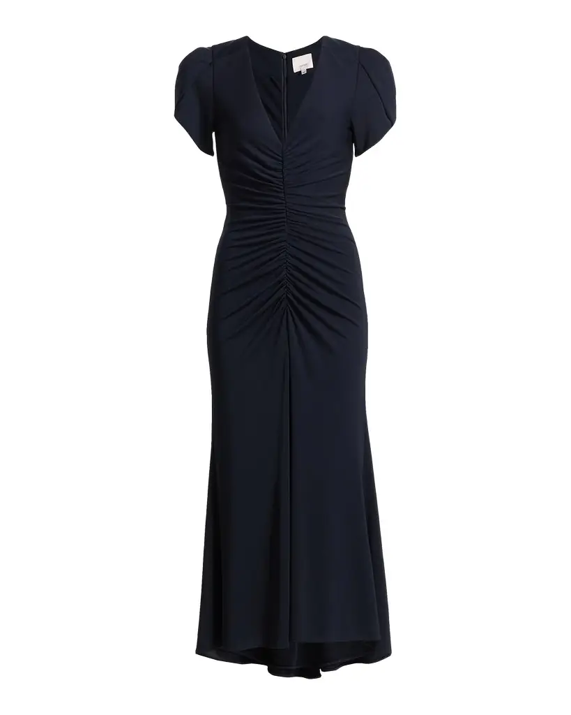 Aviva Gathered Tulip-Sleeve Midi-Dress Aviva Gathered Tulip-Sleeve Midi-Dress