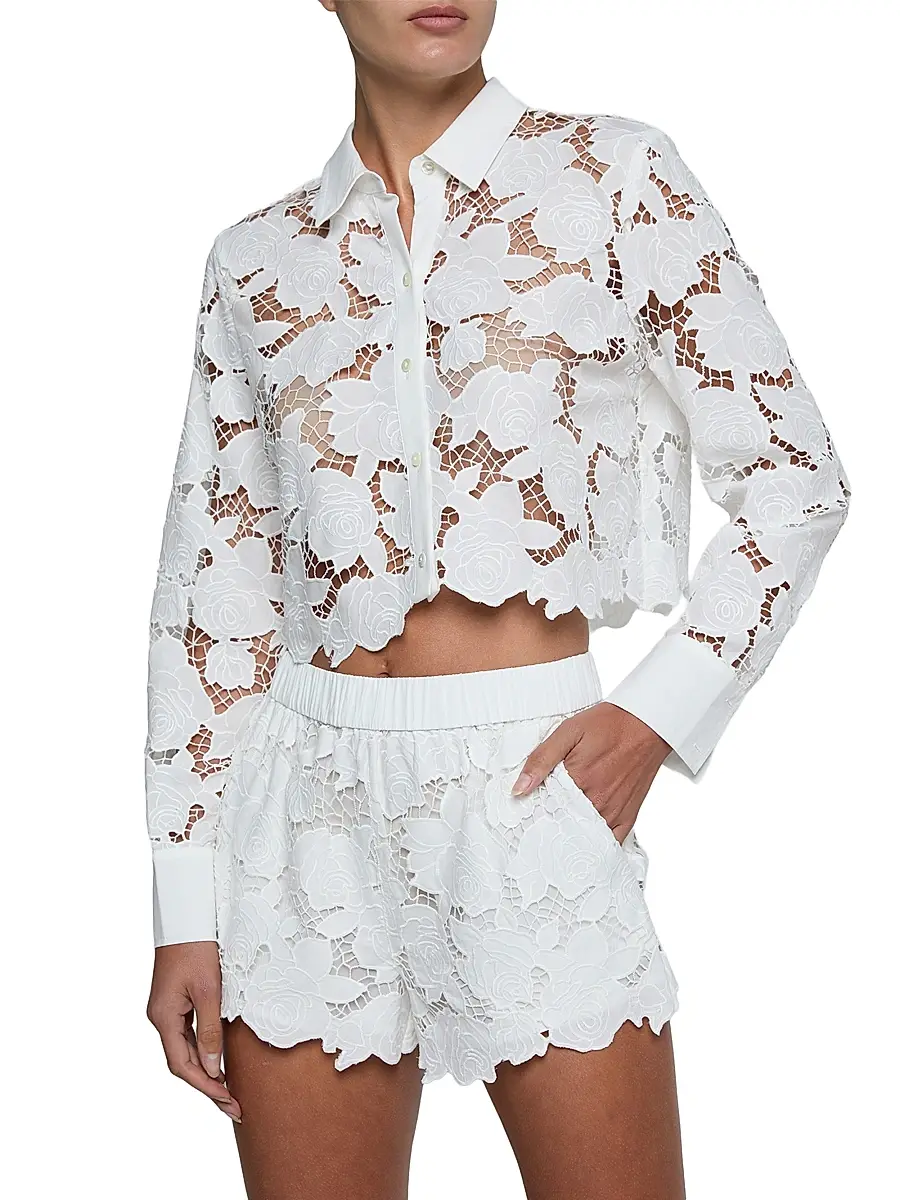 L'Agence Women's Seychelle Floral Cotton Open-Knit Crop Shirt | Thumbnail 3 L'Agence Women's Seychelle Floral Cotton Open-Knit Crop Shirt | Thumbnail 3