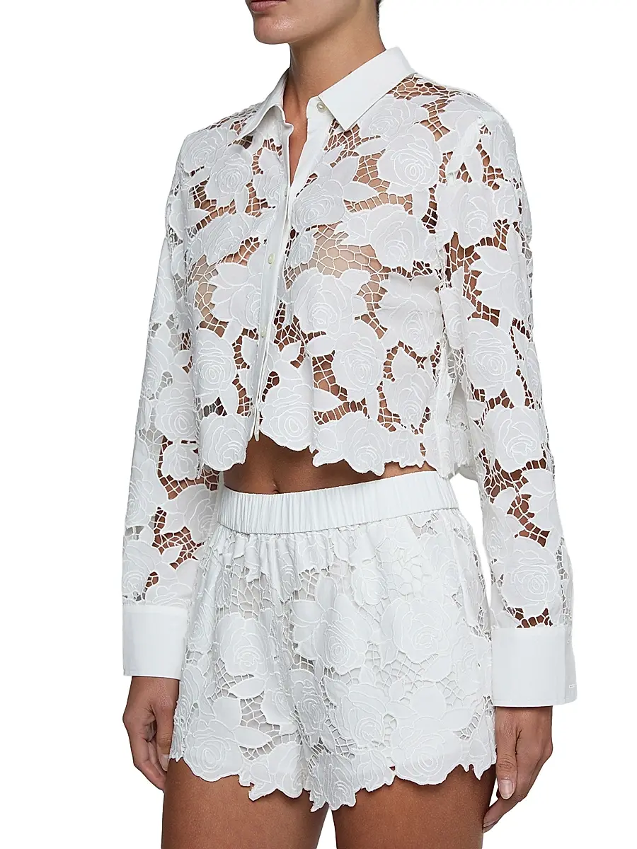 L'Agence Women's Seychelle Floral Cotton Open-Knit Crop Shirt | Thumbnail 4 L'Agence Women's Seychelle Floral Cotton Open-Knit Crop Shirt | Thumbnail 4