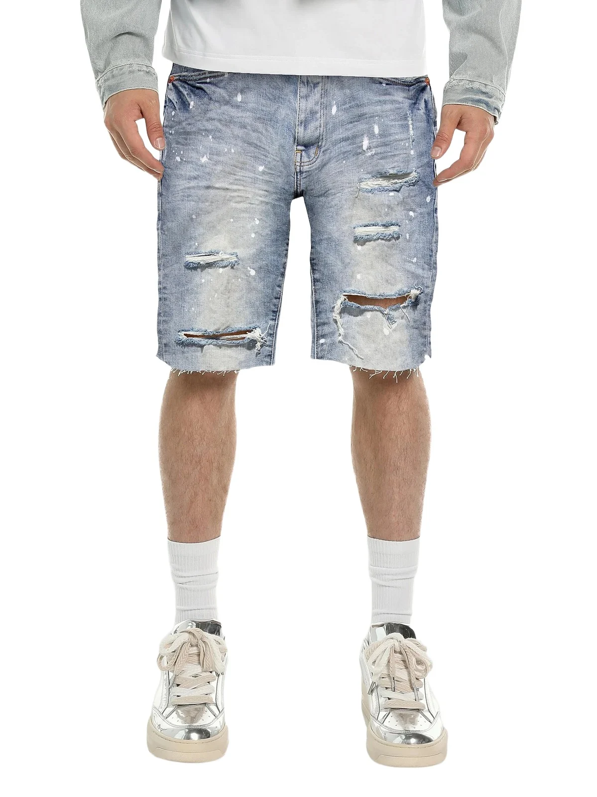 Men's Painterly Distressed Denim Wide-Leg Shorts Men's Painterly Distressed Denim Wide-Leg Shorts