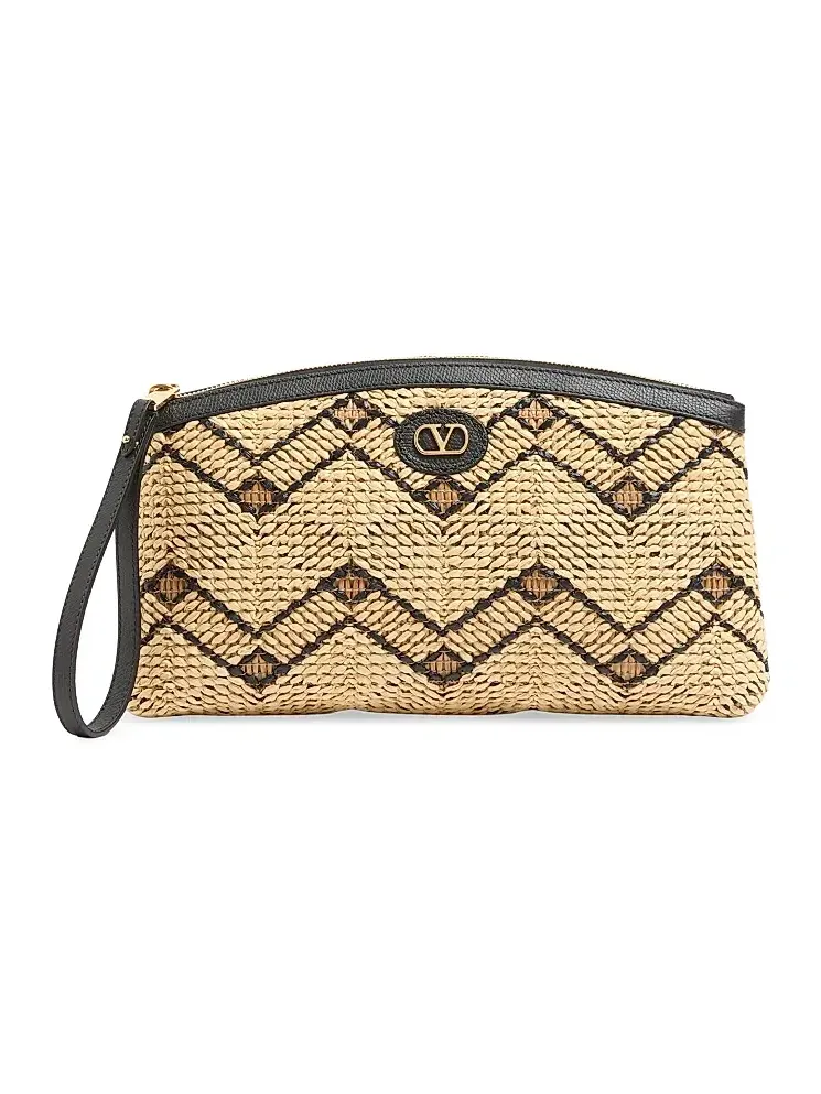 Valentino Women's Raffia Clutch Bag with Geometric Pattern - Natural Black