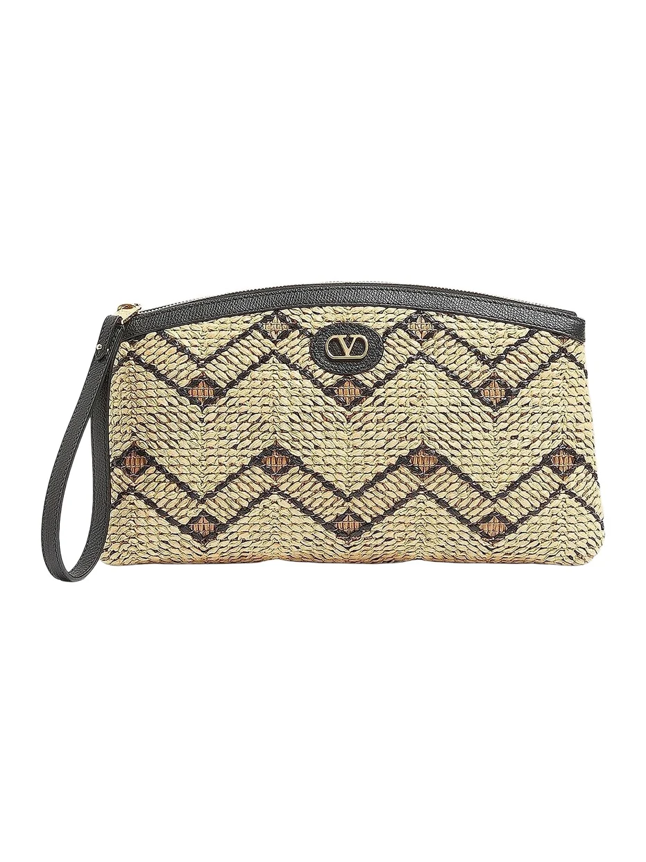 Women's Raffia Clutch Bag with Geometric Pattern - Natural Black Women's Raffia Clutch Bag with Geometric Pattern - Natural Black