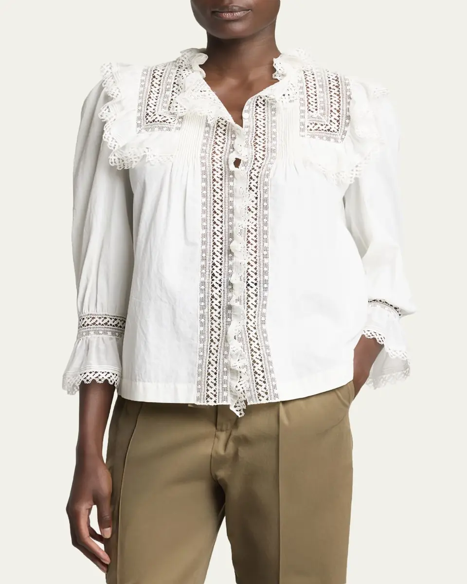 Saint Laurent Lace-Yoke Ruffle Poplin Blouse | Thumbnail 4 Saint Laurent Lace-Yoke Ruffle Poplin Blouse | Thumbnail 4