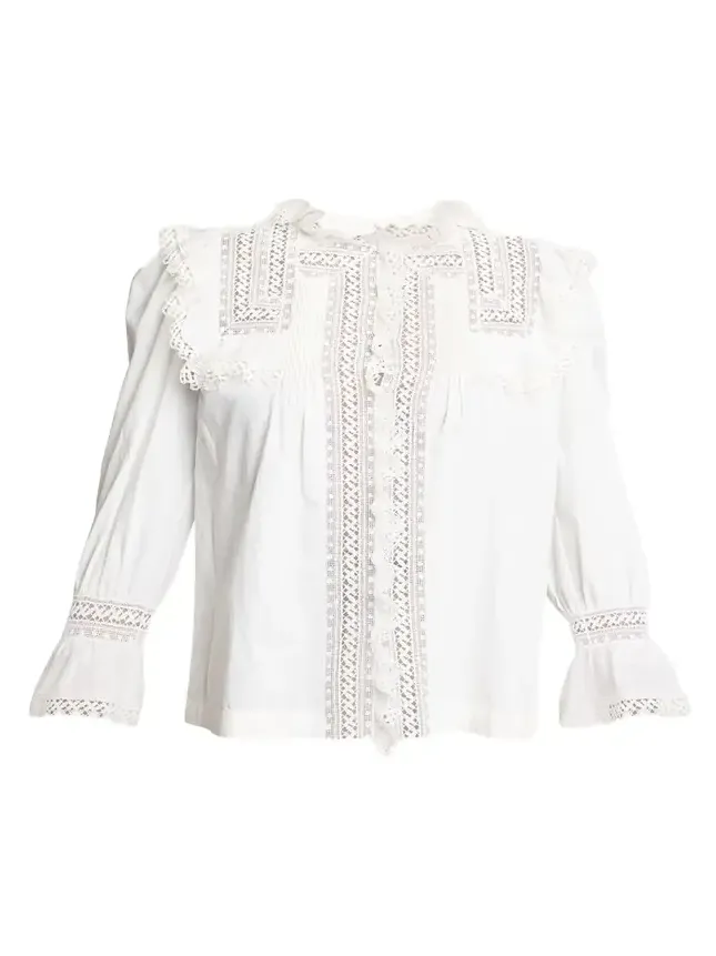Lace-Yoke Ruffle Poplin Blouse