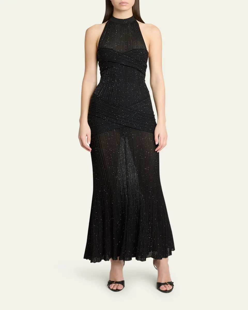 Balmain Glittered Crisscross Semi-Sheer Halter Dress | Thumbnail 2 Balmain Glittered Crisscross Semi-Sheer Halter Dress | Thumbnail 2
