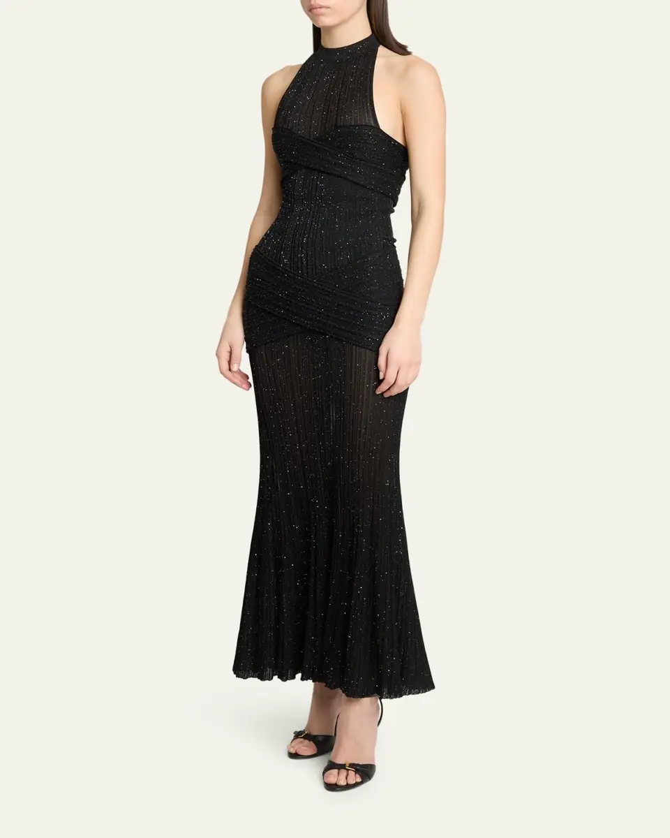 Balmain Glittered Crisscross Semi-Sheer Halter Dress | Thumbnail 4 Balmain Glittered Crisscross Semi-Sheer Halter Dress | Thumbnail 4