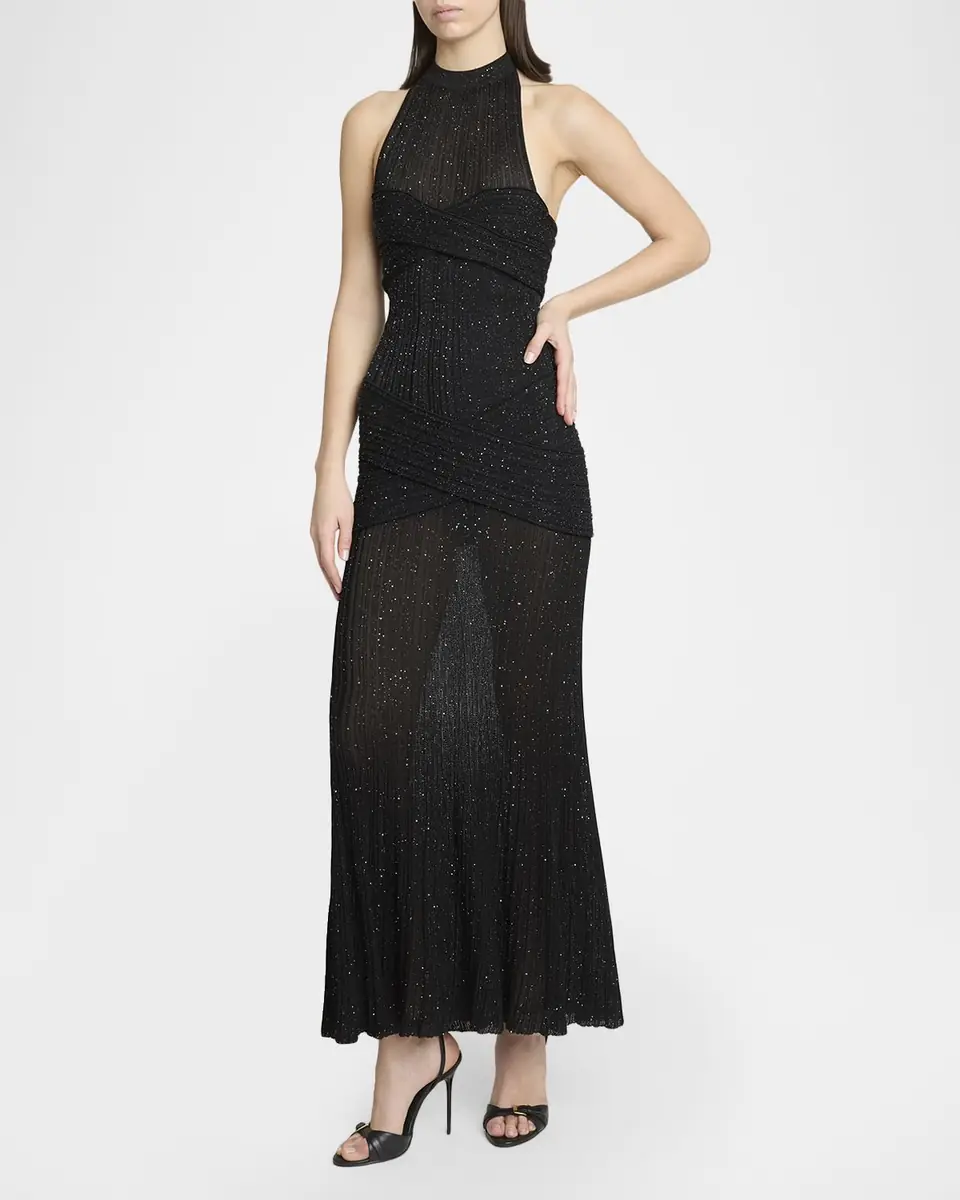 Balmain Glittered Crisscross Semi-Sheer Halter Dress | Thumbnail 8 Balmain Glittered Crisscross Semi-Sheer Halter Dress | Thumbnail 8