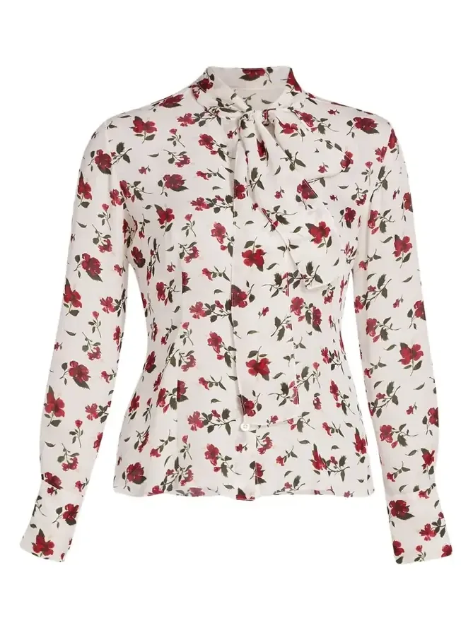 Hibiscus-Print Silk Neck-Scarf Blouse
