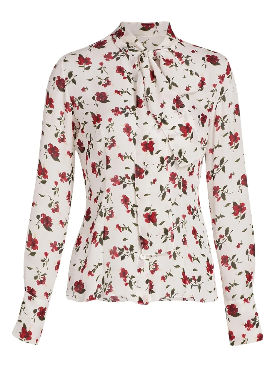 Hibiscus-Print Silk Neck-Scarf Blouse