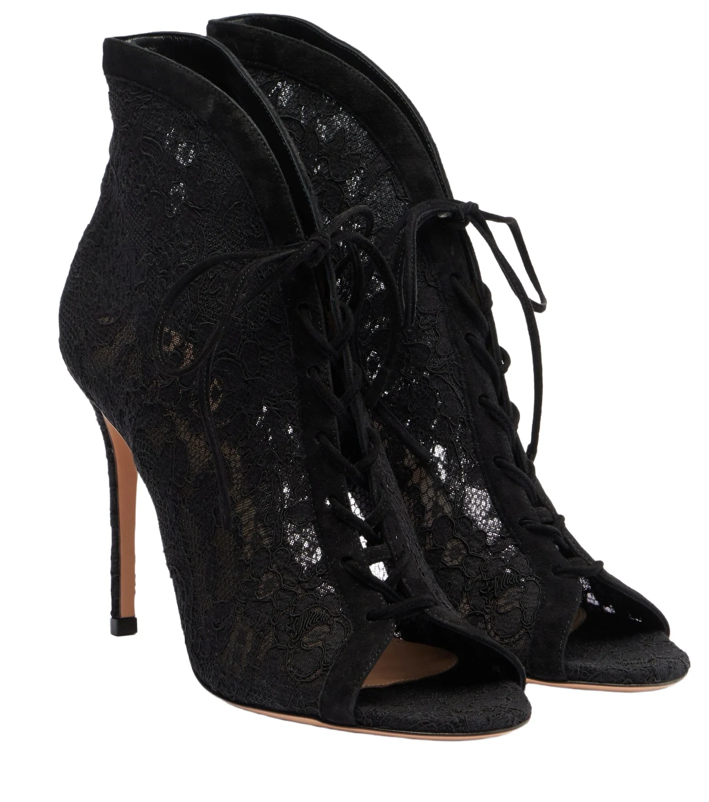 Suede-trimmed lace pumps