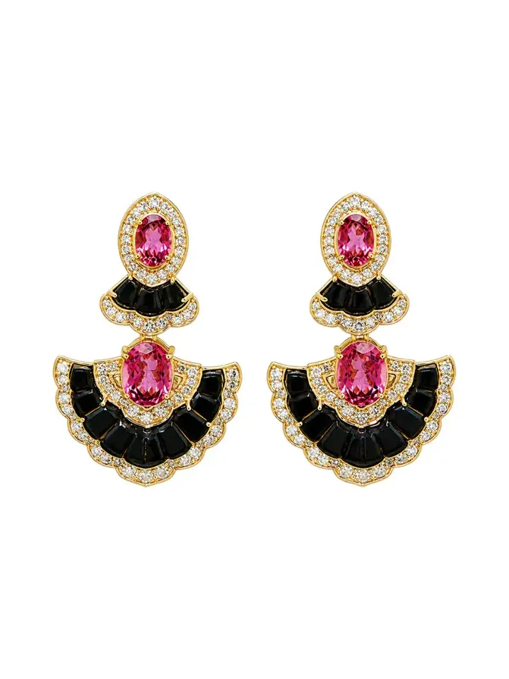 11.15ct Diamond Onyx Tourmaline 18K Gold Statement Earrings