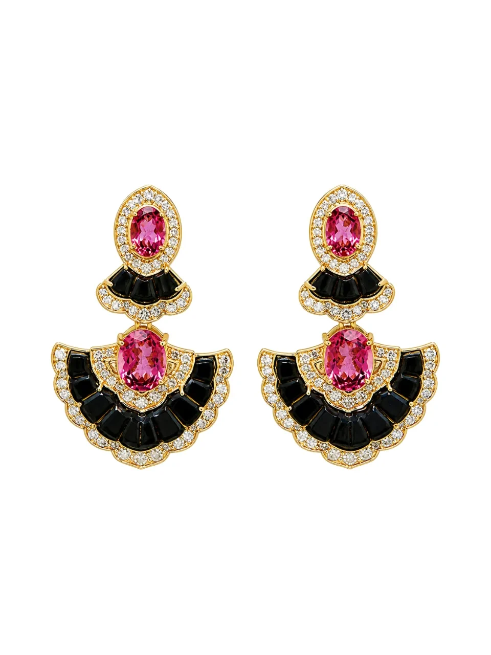 11.15ct Diamond Onyx Tourmaline 18K Gold Statement Earrings 11.15ct Diamond Onyx Tourmaline 18K Gold Statement Earrings