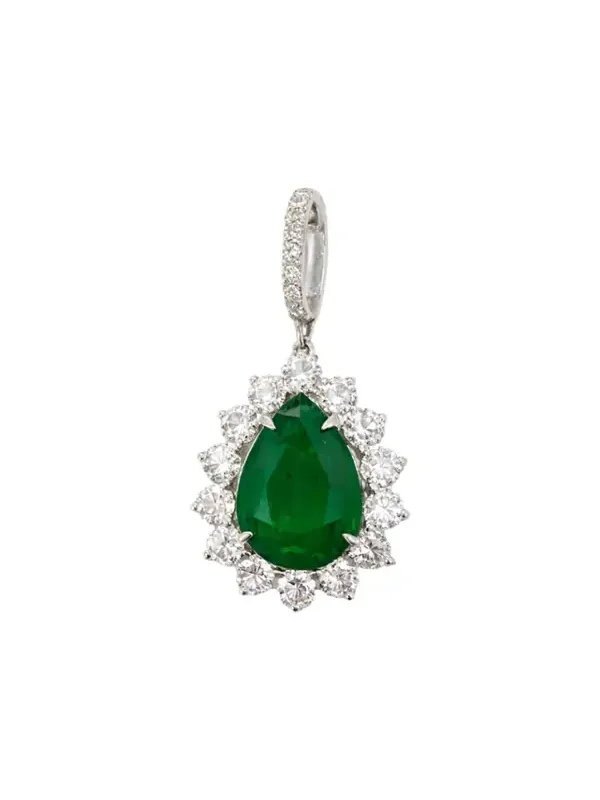 6.54ct Emerald Diamond 18K Gold Pear Halo Pendant