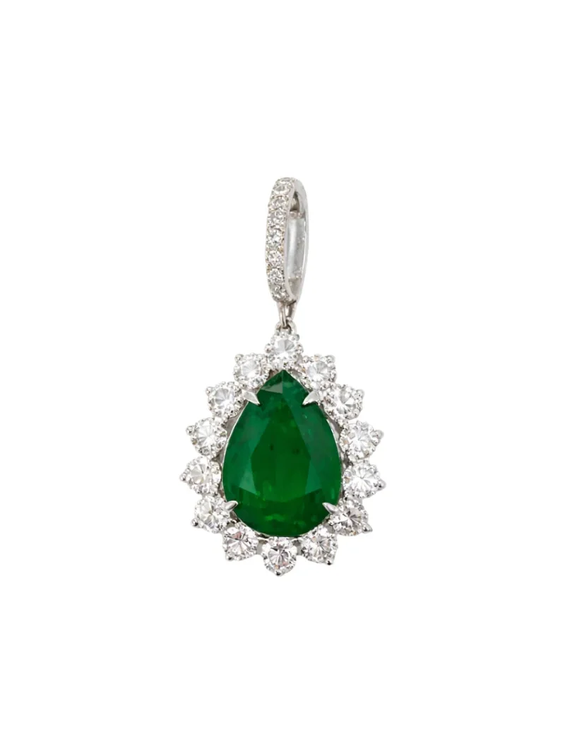 6.54ct Emerald Diamond 18K Gold Pear Halo Pendant