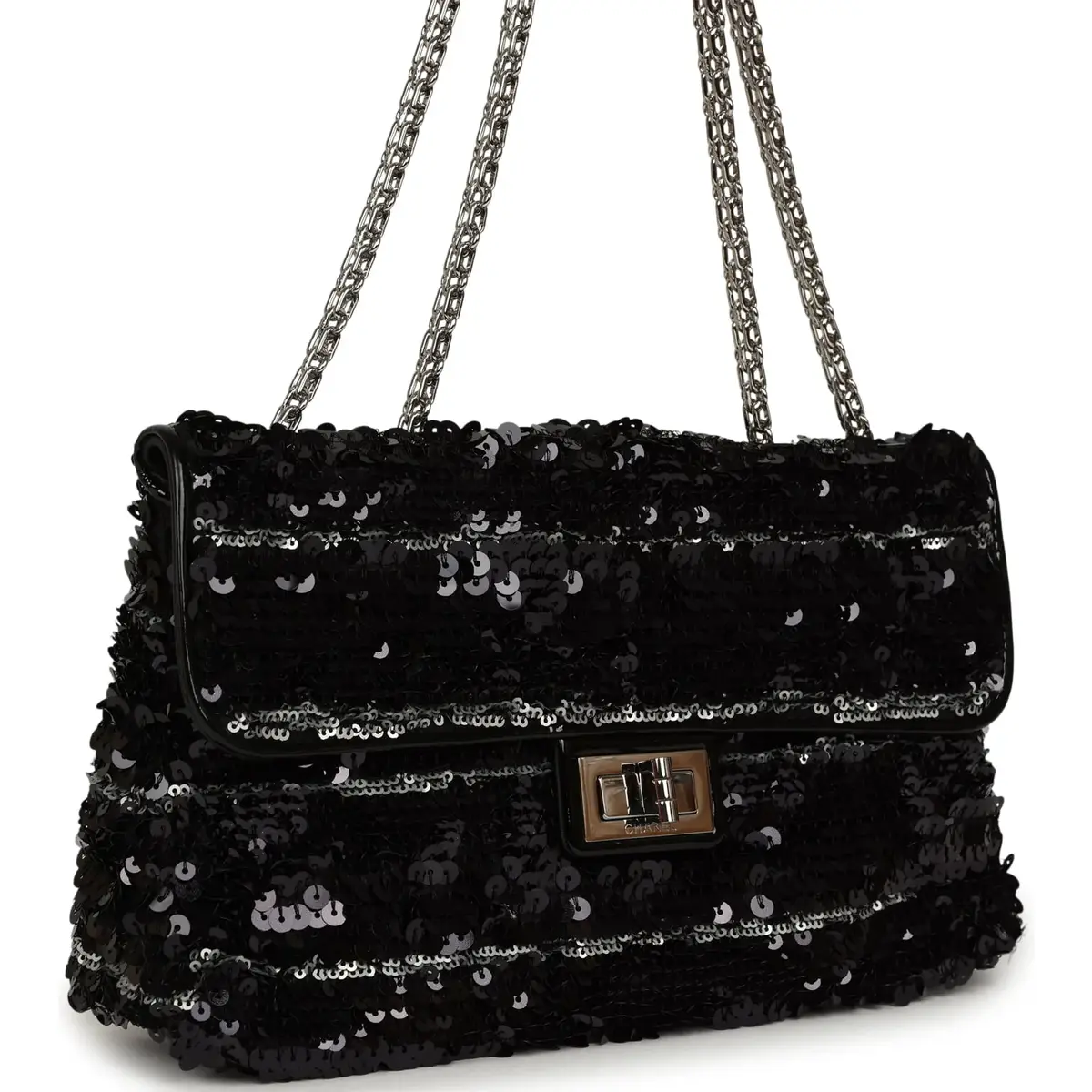 Chanel Pre-owned Chanel Medium Striped Reissue Flap Bag Black, Silver Sequin and Patent Silver Hardware | Thumbnail 2 Chanel Pre-owned Chanel Medium Striped Reissue Flap Bag Black, Silver Sequin and Patent Silver Hardware | Thumbnail 2
