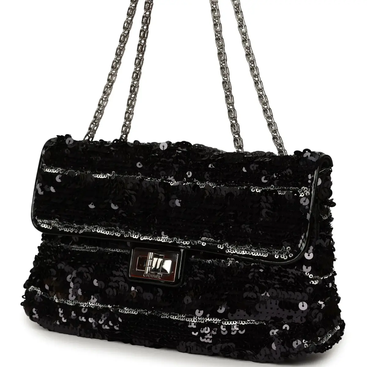 Chanel Pre-owned Chanel Medium Striped Reissue Flap Bag Black, Silver Sequin and Patent Silver Hardware | Thumbnail 5 Chanel Pre-owned Chanel Medium Striped Reissue Flap Bag Black, Silver Sequin and Patent Silver Hardware | Thumbnail 5