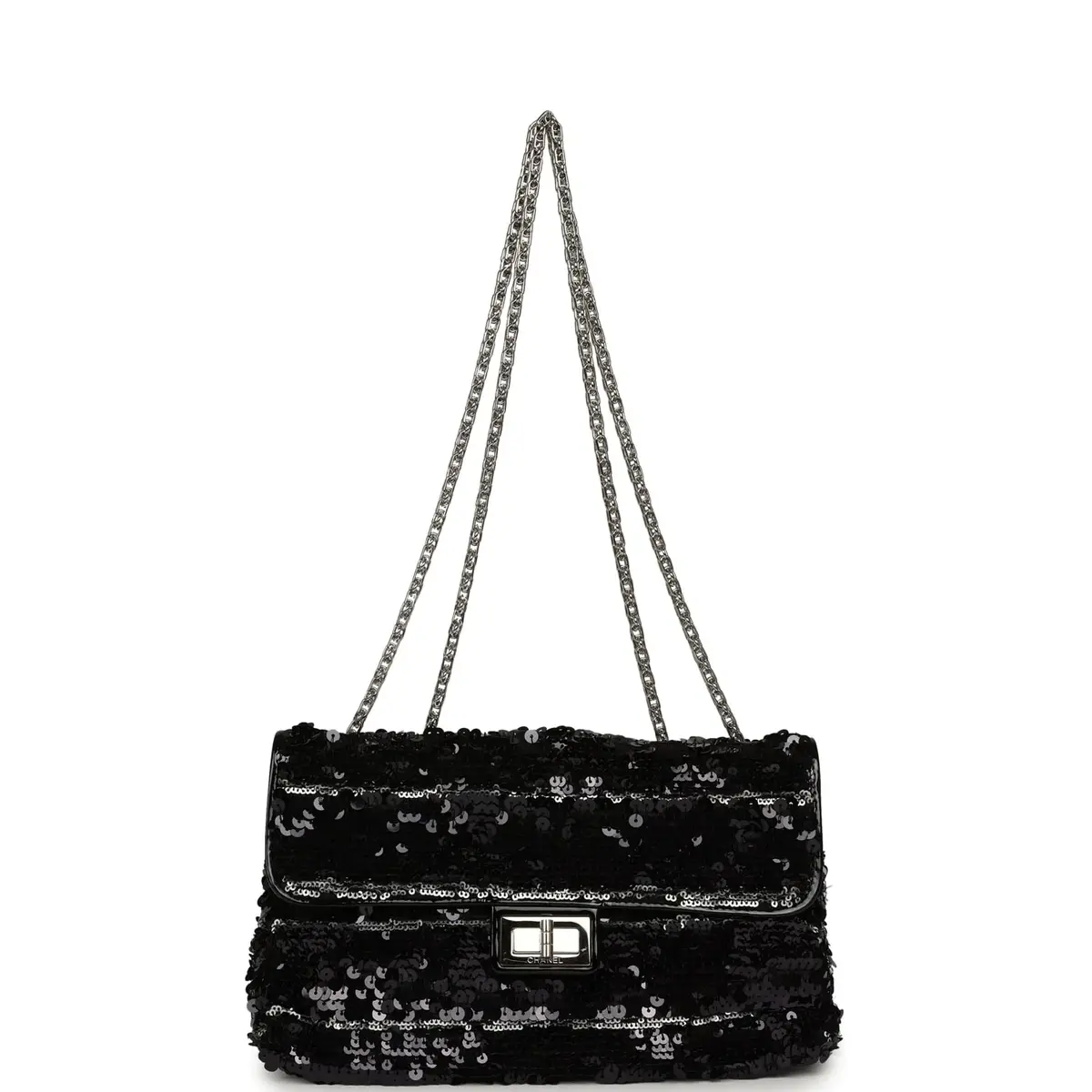 Chanel Pre-owned Chanel Medium Striped Reissue Flap Bag Black, Silver Sequin and Patent Silver Hardware | Thumbnail 7 Chanel Pre-owned Chanel Medium Striped Reissue Flap Bag Black, Silver Sequin and Patent Silver Hardware | Thumbnail 7
