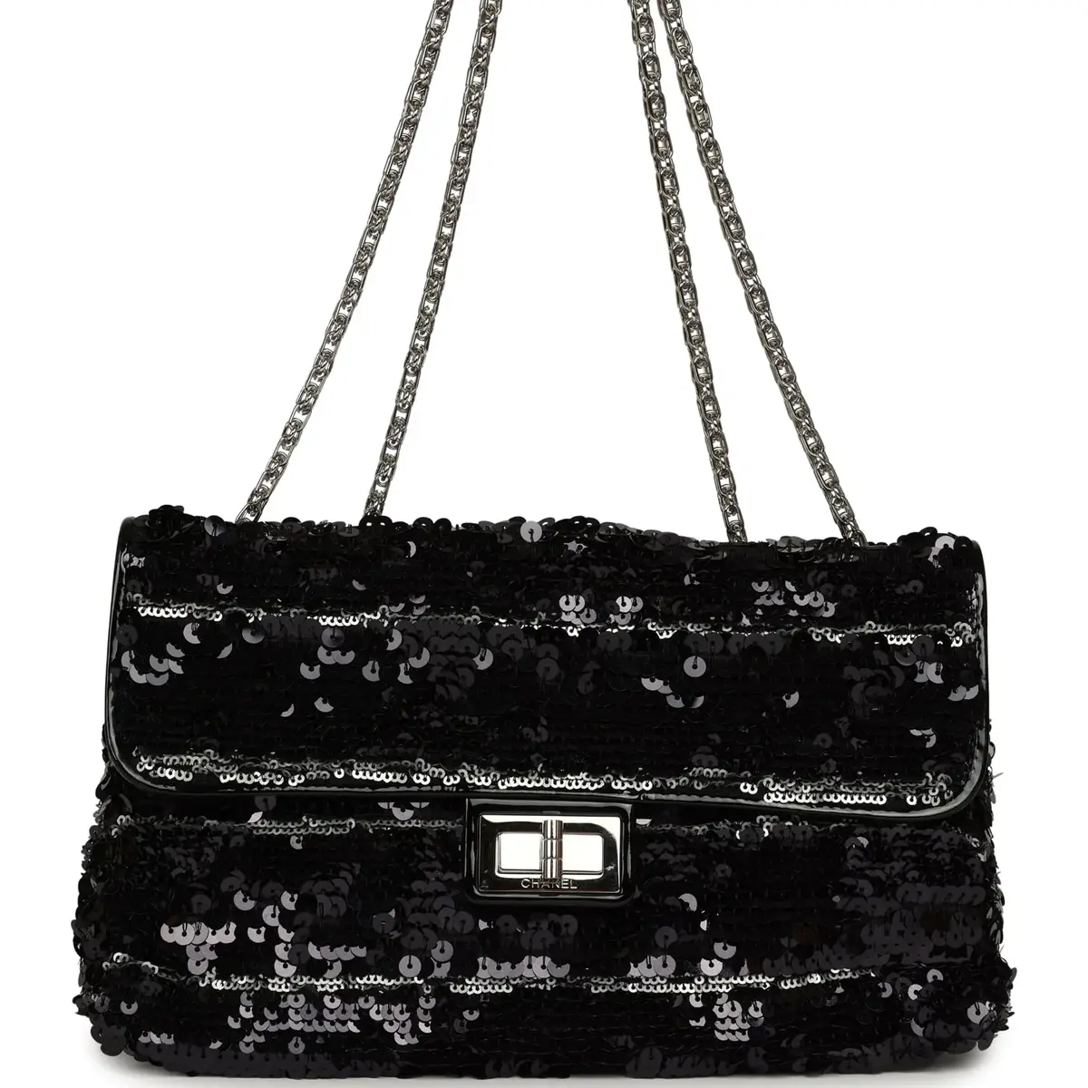 Chanel Pre-owned Chanel Medium Striped Reissue Flap Bag Black, Silver Sequin and Patent Silver Hardware | Image 1 Chanel Pre-owned Chanel Medium Striped Reissue Flap Bag Black, Silver Sequin and Patent Silver Hardware | Image 1