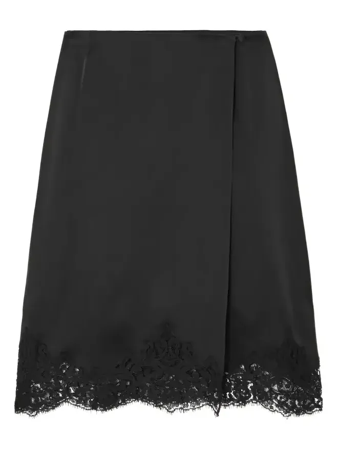 Wrap-effect Lace-trimmed Satin Skirt