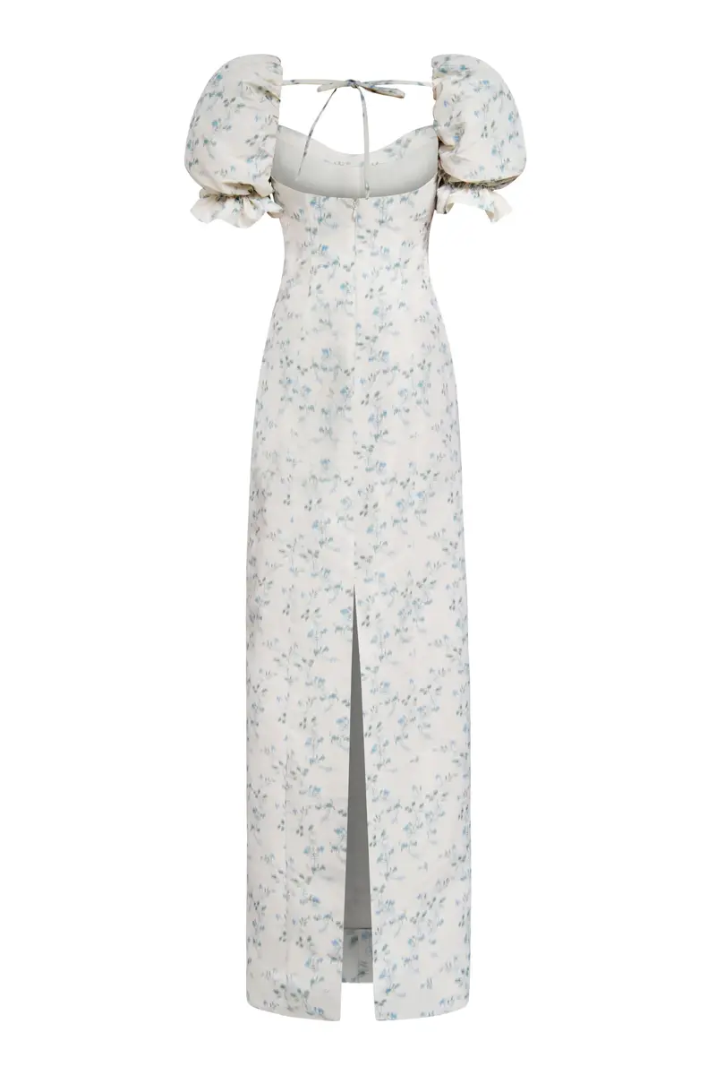 Markarian Isidore Blue Bow Floral Ikat Puff Sleeve Column Gown | Thumbnail 2 Markarian Isidore Blue Bow Floral Ikat Puff Sleeve Column Gown | Thumbnail 2