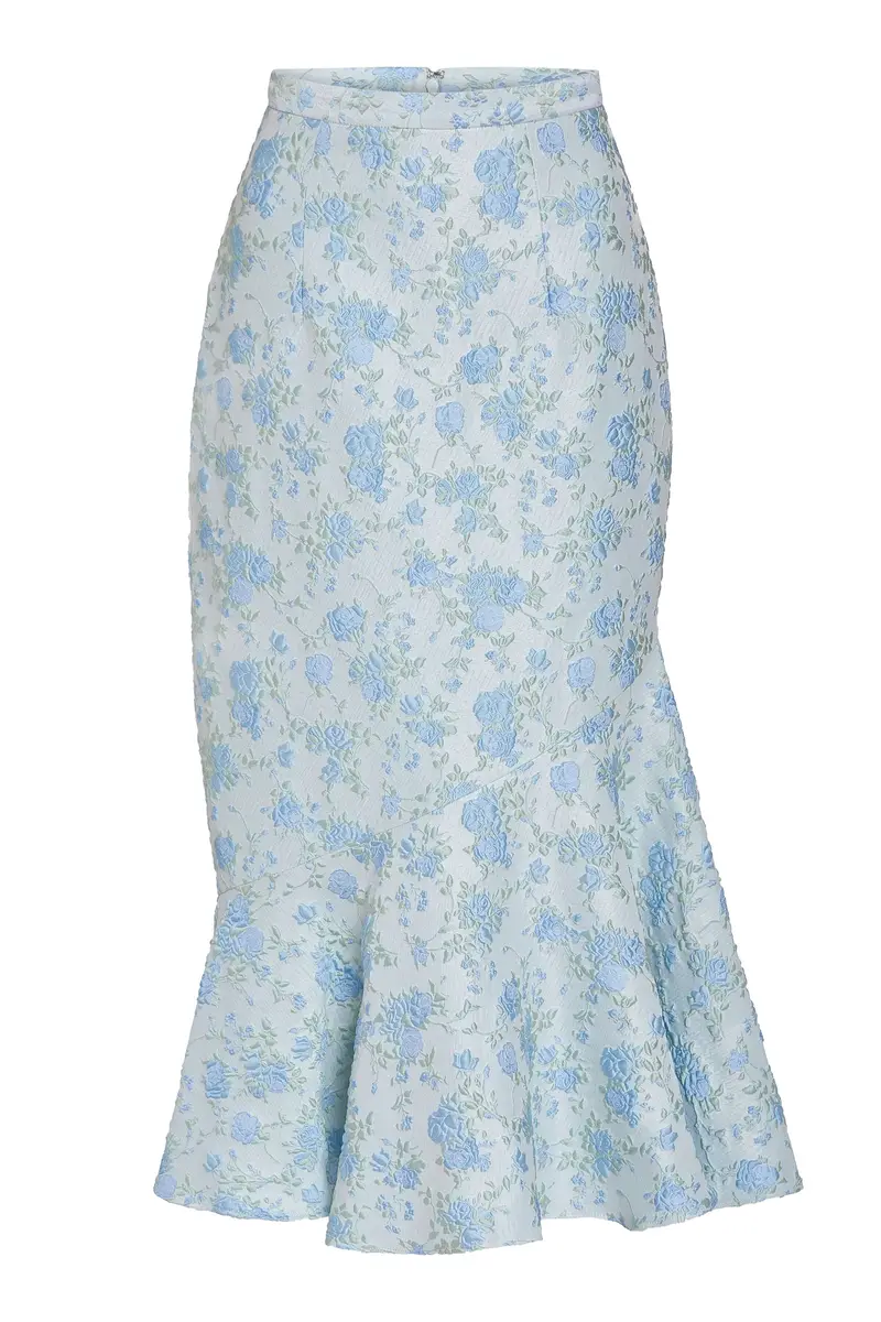 Markarian June Cornflower And Mint Brocade Asymmetric Flounce Midi Skirt | Image 1 Markarian June Cornflower And Mint Brocade Asymmetric Flounce Midi Skirt | Image 1