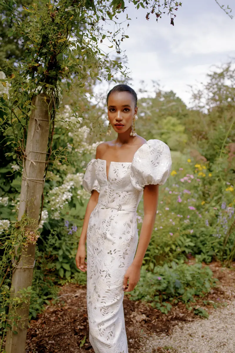 Markarian Yvette Ivory Metallic Brocade Puff Sleeve Dress | Thumbnail 2