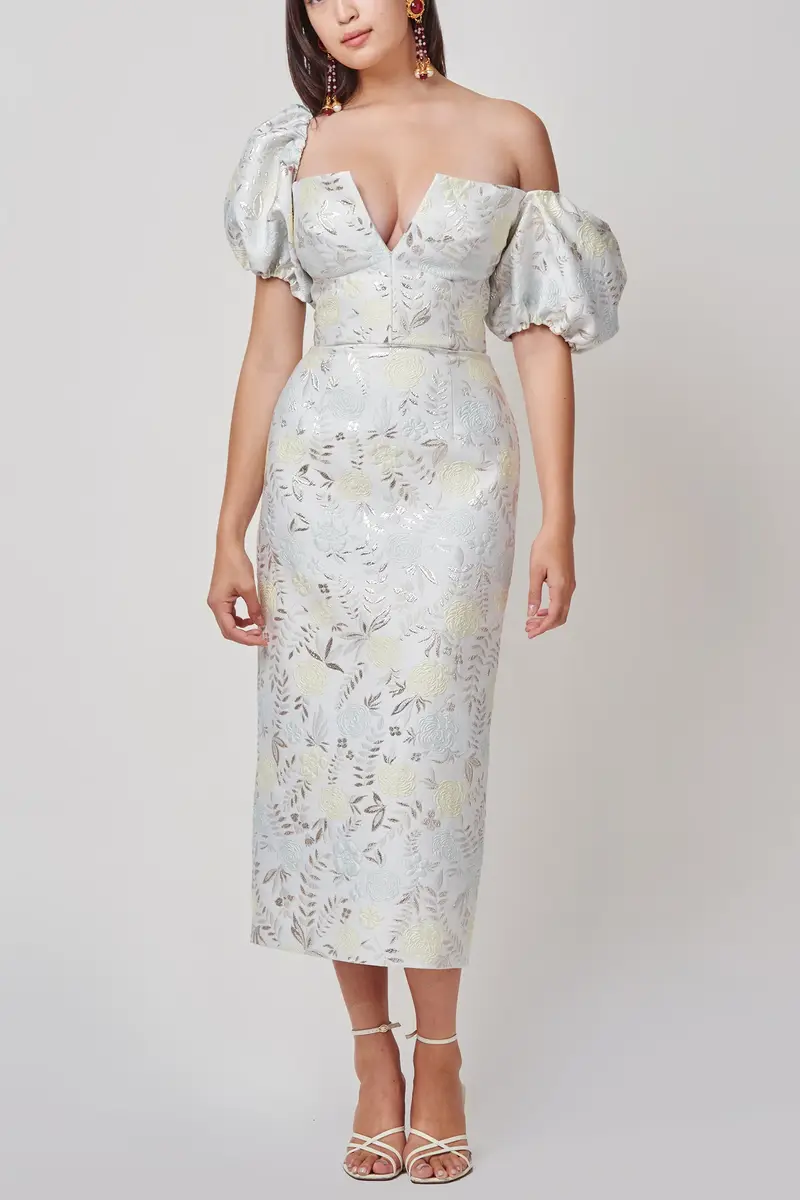 Markarian Yvette Ivory Metallic Brocade Puff Sleeve Dress | Thumbnail 3