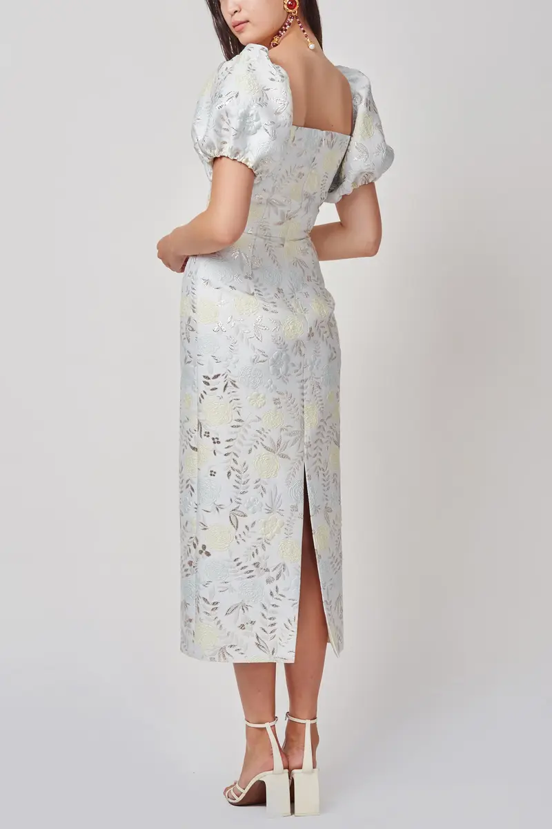 Markarian Yvette Ivory Metallic Brocade Puff Sleeve Dress | Thumbnail 4