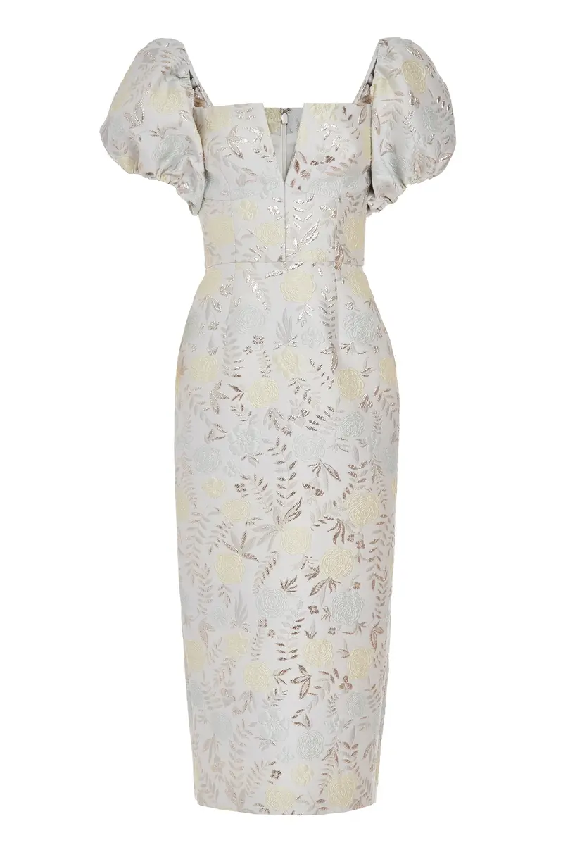 Markarian Yvette Ivory Metallic Brocade Puff Sleeve Dress | Image 1 Markarian Yvette Ivory Metallic Brocade Puff Sleeve Dress | Image 1