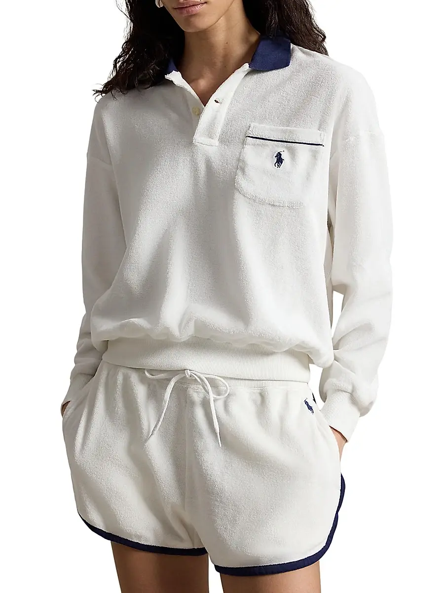 Polo Ralph Lauren Women's Logo Cotton-Blend Terry Long-Sleeve Polo Shirt - White | Thumbnail 3