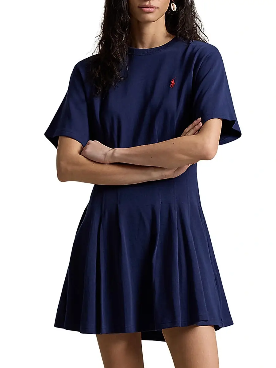 Polo Ralph Lauren Women's Cotton Jersey Pleated Mini T-Shirt Dress - Newport Navy | Thumbnail 2 Polo Ralph Lauren Women's Cotton Jersey Pleated Mini T-Shirt Dress - Newport Navy | Thumbnail 2