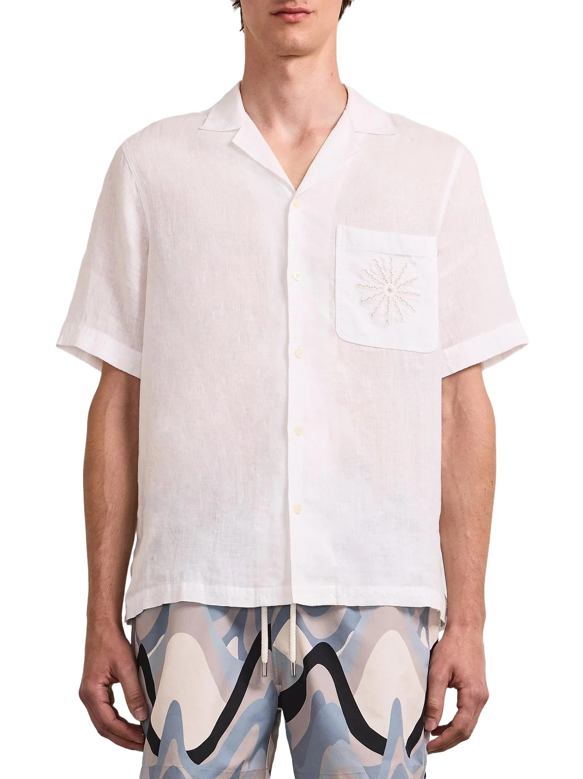 Men's Alves Embroidered-Trim Linen Camp Shirt Men's Alves Embroidered-Trim Linen Camp Shirt
