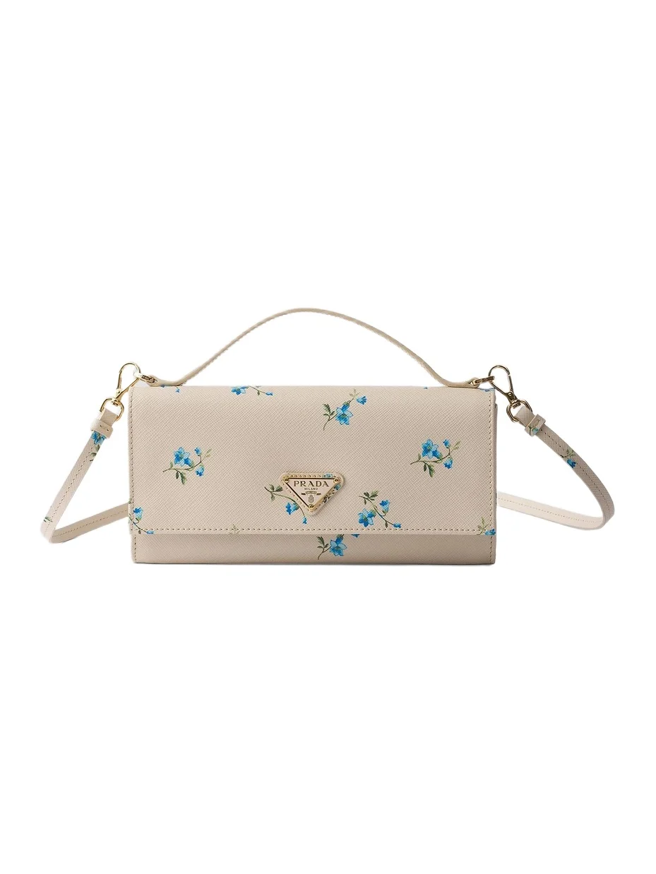 Prada Women's Printed Saffiano Leather Wallet with Shoulder Strap - Beige Khaki