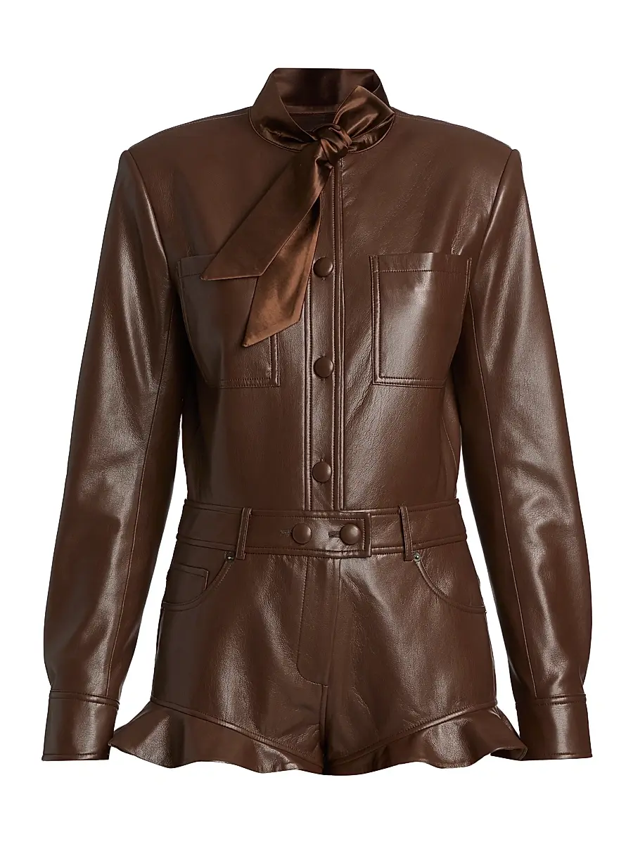 Self-Portrait Women's Faux Leather Ruffle Playsuit - Brown | Image 1 Self-Portrait Women's Faux Leather Ruffle Playsuit - Brown | Image 1
