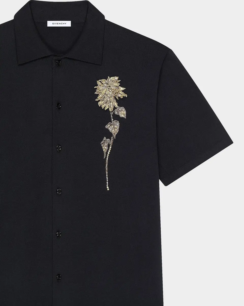 Givenchy Men's Embellished-Floral Knit Short-Sleeve Shirt | Thumbnail 3 Givenchy Men's Embellished-Floral Knit Short-Sleeve Shirt | Thumbnail 3