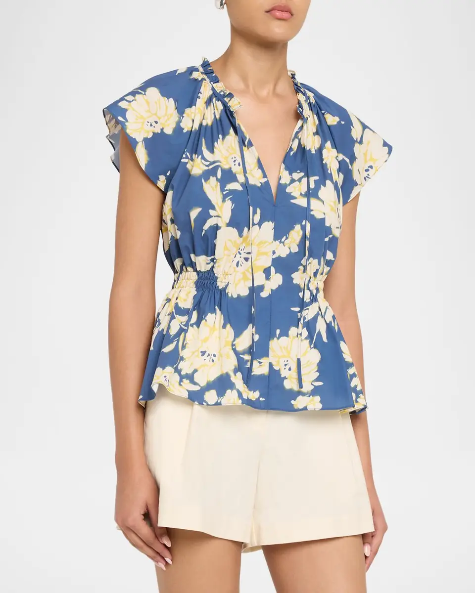 Tanya Taylor Ivana Smocked Floral Poplin Top | Thumbnail 4