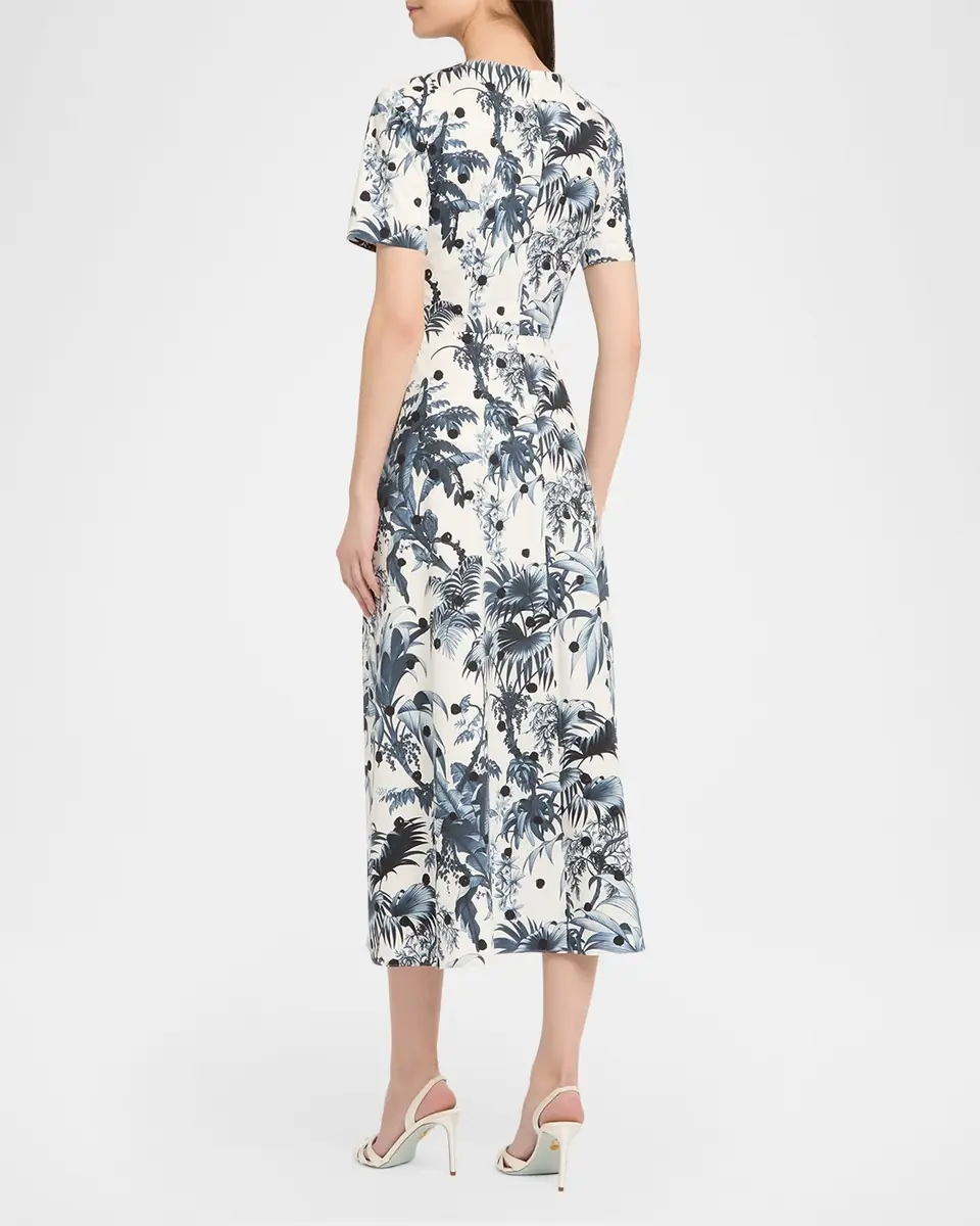 Oscar de la Renta Short-Sleeve Dotted Palm Print Poplin Midi Dress | Thumbnail 2