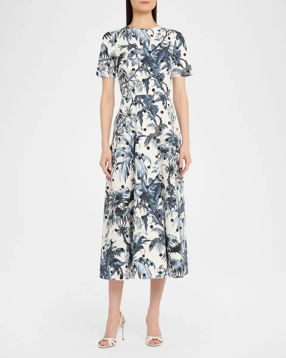 Oscar de la Renta Short-Sleeve Dotted Palm Print Poplin Midi Dress | Thumbnail 3