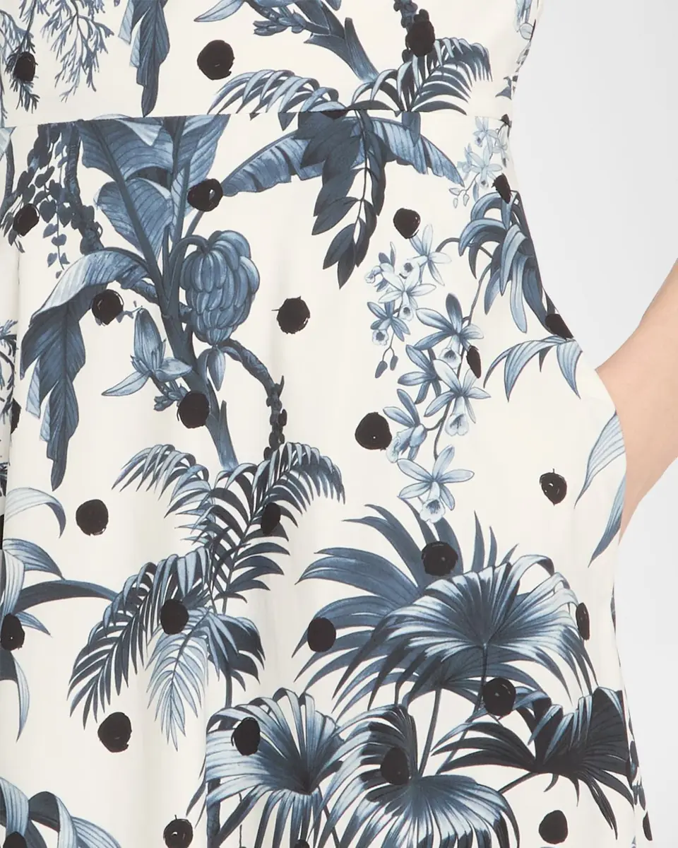 Oscar de la Renta Short-Sleeve Dotted Palm Print Poplin Midi Dress | Thumbnail 4