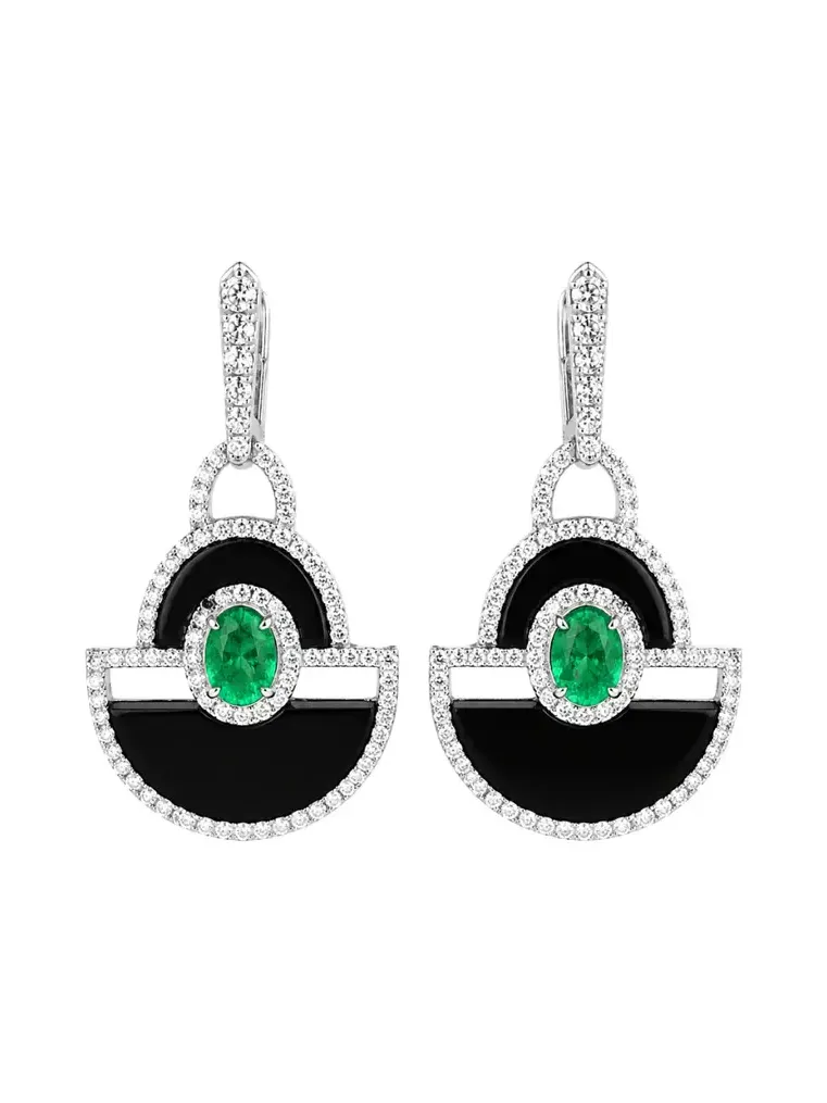 1.27ct Diamond Onyx Emerald 18K Gold Drop Earrings