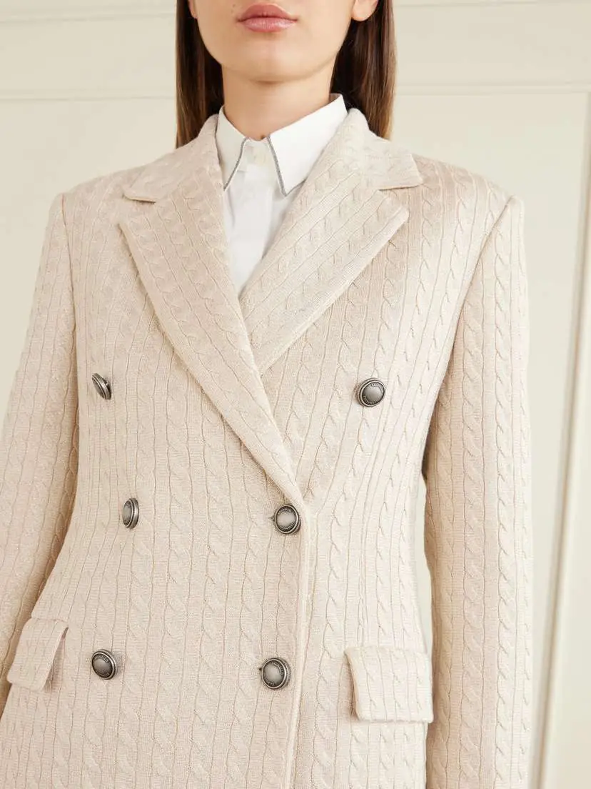 Brunello Cucinelli Cable-knit Cotton-blend Double-breasted Blazer | Thumbnail 4 Brunello Cucinelli Cable-knit Cotton-blend Double-breasted Blazer | Thumbnail 4