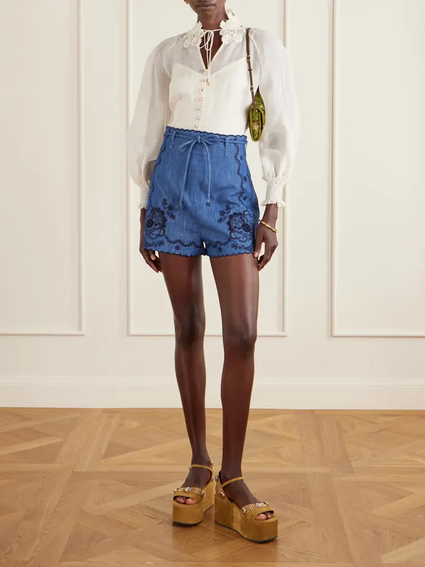 Zimmermann Aster Scalloped Embroidered Denim Shorts | Thumbnail 2