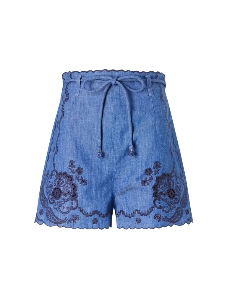 Zimmermann Aster Scalloped Embroidered Denim Shorts | Image 1 Zimmermann Aster Scalloped Embroidered Denim Shorts | Image 1