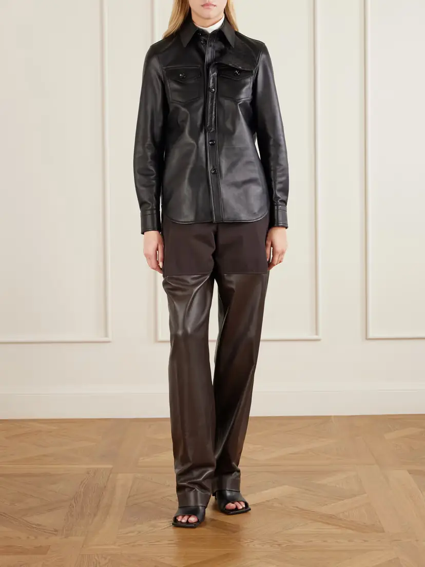 Bottega Veneta Intrecciato-trimmed Leather Shirt | Thumbnail 2 Bottega Veneta Intrecciato-trimmed Leather Shirt | Thumbnail 2