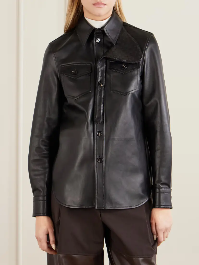 Bottega Veneta Intrecciato-trimmed Leather Shirt | Thumbnail 3 Bottega Veneta Intrecciato-trimmed Leather Shirt | Thumbnail 3