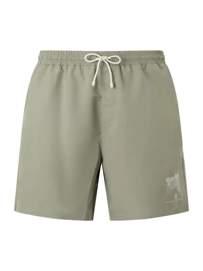 Brunello Cucinelli Straight-Leg Mid-Length Logo-Print Swim Shorts | Image 1 Brunello Cucinelli Straight-Leg Mid-Length Logo-Print Swim Shorts | Image 1